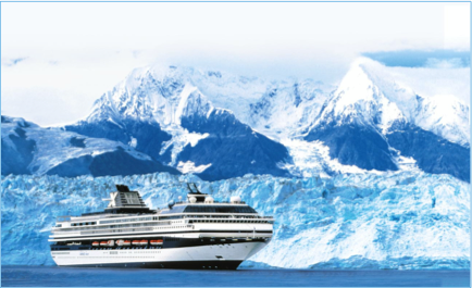 Alaskan cruise ship in glacier bay surrounded by snow covered peaks.