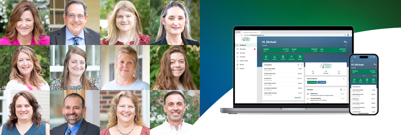 Images of twelve bank employees, all smiling and professionally dressed and one image showing the dashboard of the bank's online and mobile banking platforms displayed on a laptop and mobile phone